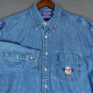 Hard Rock Cafe Denim Button Up Shirt Men’s Large Denver Colorado‎ Embroidered